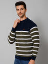 Cantabil Stripe Green Full Sleeves Round Neck Regular Fit Casual Sweater for Men