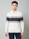 Cantabil Striped Off White Full Sleeves Mock Collar Regular Fit Casual Sweater for Men