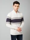 Cantabil Striped Off White Full Sleeves Mock Collar Regular Fit Casual Sweater for Men