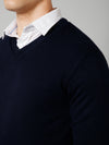 Cantabil Solid Navy Blue Full Sleeves V Neck Reversible Regular Fit Casual Sweater for Men