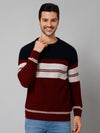 Cantabil Striped Maroon Full Sleeves Round Neck Regular Fit Casual Sweater for Men