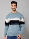 Cantabil Striped Sky Blue Full Sleeves Round Neck Regular Fit Casual Sweater for Men