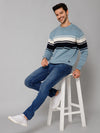 Cantabil Striped Sky Blue Full Sleeves Round Neck Regular Fit Casual Sweater for Men