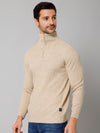 Cantabil Self Design Beige Full Sleeves High Neck Regular Fit Casual Sweater for Men