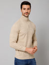 Cantabil Self Design Beige Full Sleeves High Neck Regular Fit Casual Sweater for Men