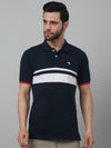 Cantabil Navy Blue Striped Polo Neck Half Sleeve T-shirt For Men