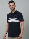 Cantabil Navy Blue Striped Polo Neck Half Sleeve T-shirt For Men