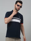 Cantabil Navy Blue Striped Polo Neck Half Sleeve T-shirt For Men