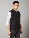 Cantabil Men Olive Checkered Formal Band Collar Sleeveless Waist Coat