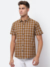 Cantabil Cotton Checkered Brown Half Sleeve Casual Shirt for Men with Pocket (6927936225419)