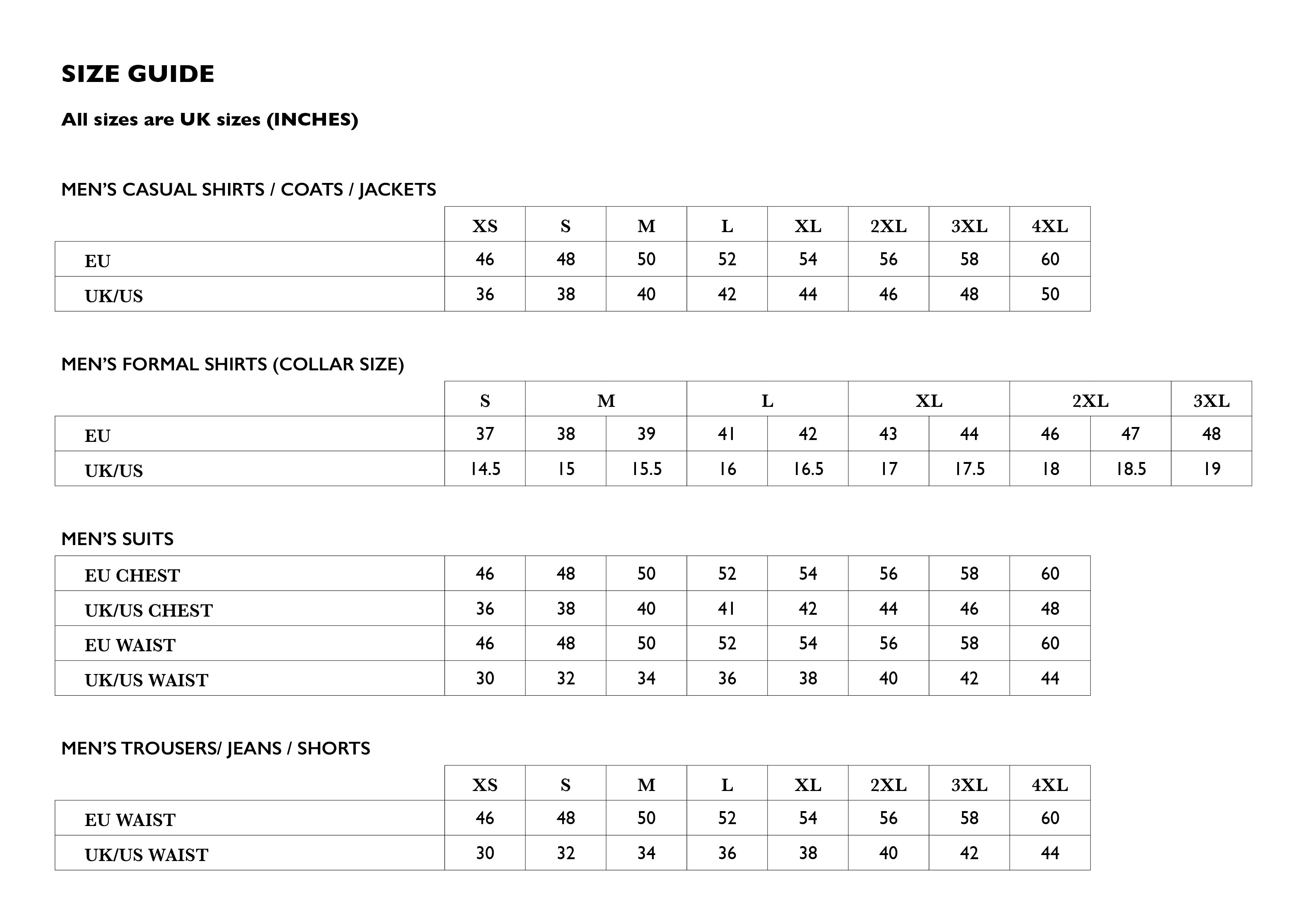 Size Guide - All sizes are UK sizes | Louis Copeland & Sons