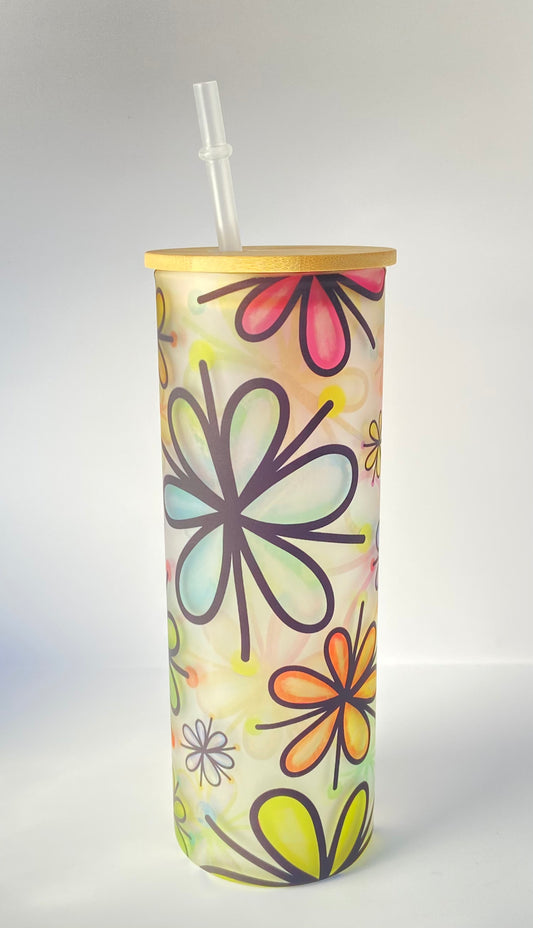 25 oz Frosted Glass Tumbler With Bamboo Lid and 2 Straws - Bee Kind