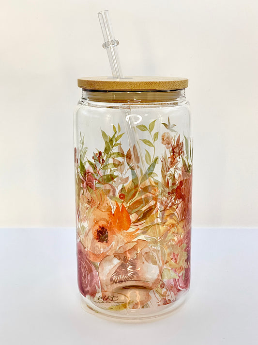 “Summer Daisies” Glass Can Cold Drink Cup w/Bamboo Lid & Glass Straw