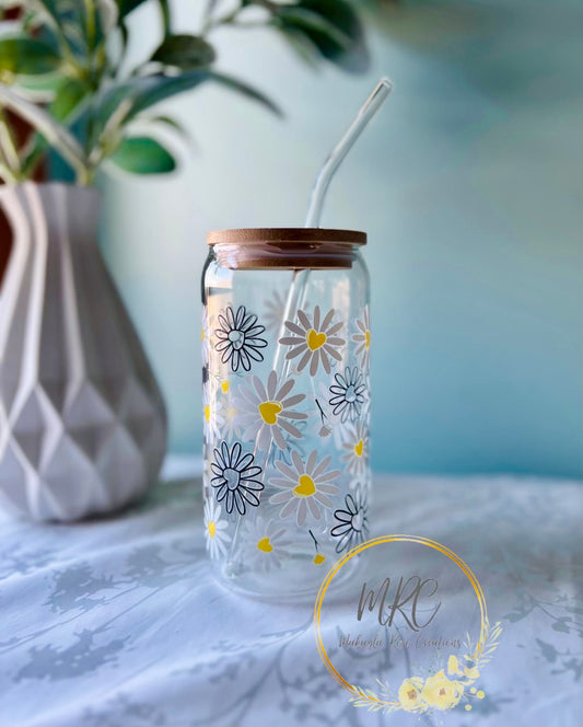 “Summer Daisies” Glass Can Cold Drink Cup w/Bamboo Lid & Glass Straw