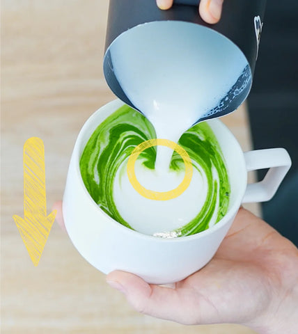 How to make a tulip with matcha latte art showing milk being poured toward the outer edge of the mug.