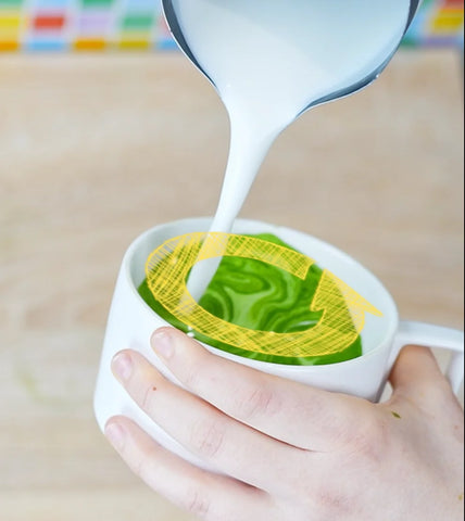 Matcha latte art with illustrated clockwise arrow