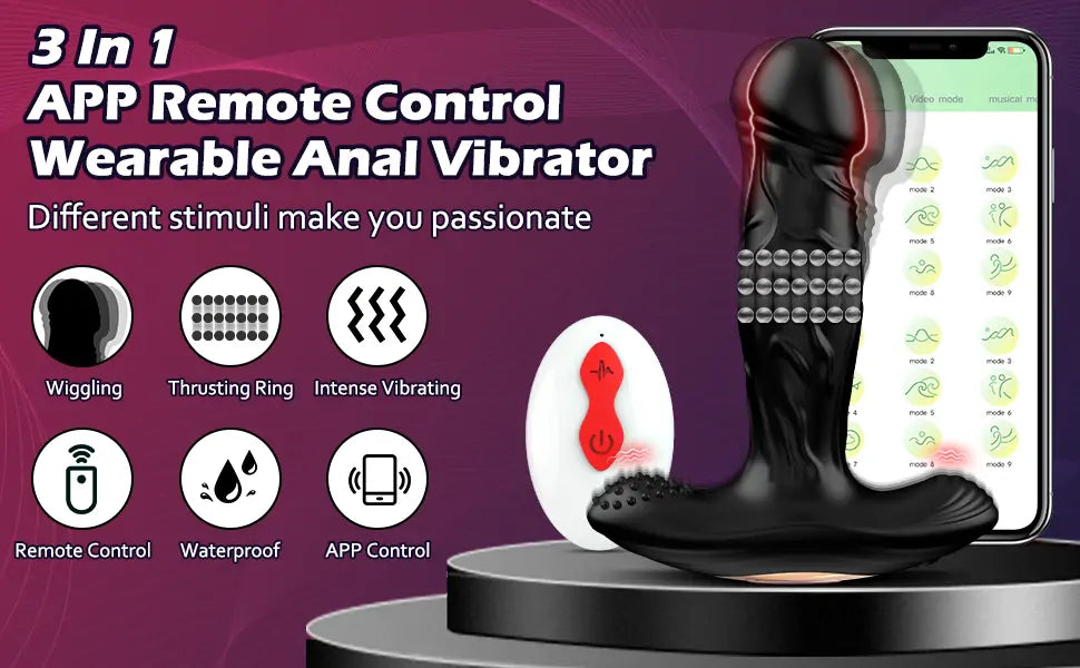 Anus Butt Plug Prostate Massager with 9 Thrusting Ring & 9 Wiggling