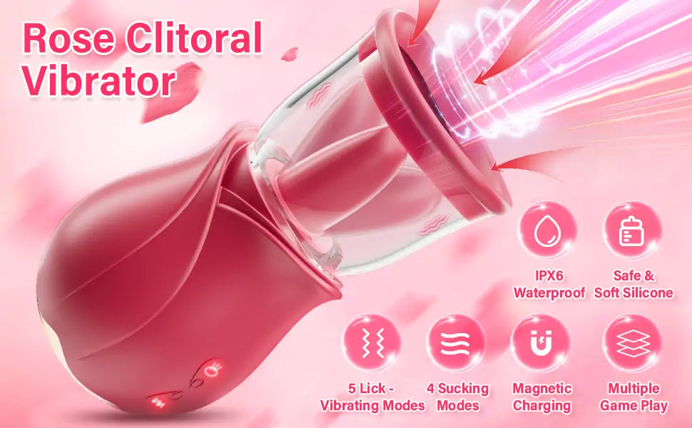 Rose G Spot Clitoris & Nipple Vibrator, 5 Lick - Vibrating & 4 Sucking Modes