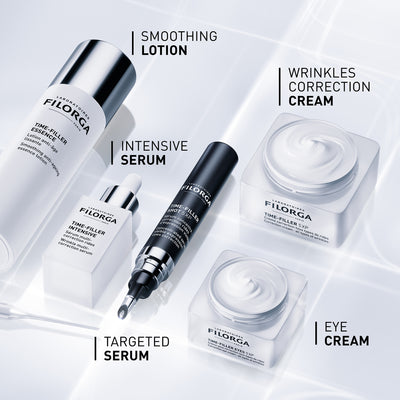 The TIME-FILLER Collection features aesthetic medicine-inspired products focused on wrinkle correction