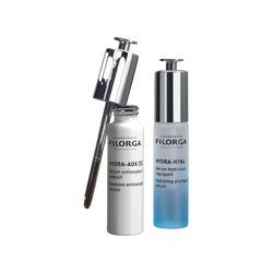 HYDRA-AOX [5] open bottle with pipette next to HYDRA-HYAL SERUM closed bottle