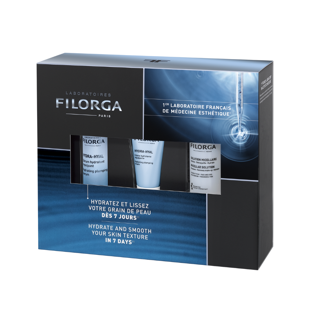 FILORGA HYDRA-HYAL ROUTINE SET package with products showing through window