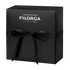 FILORGA logo on black box with black ribbon bow