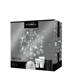 FILORGA TIME-FILLER 5XP GIFT SET gray. white. and black outer box with photos of products inside