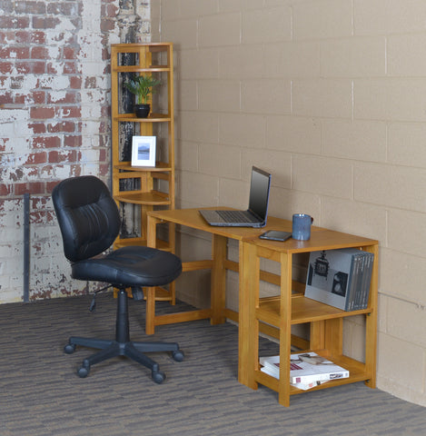 folding desk and bookcase set with laptop and desk chair in a dorm room