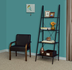 wood and metal ladder bookcase in a study next to a reading chair