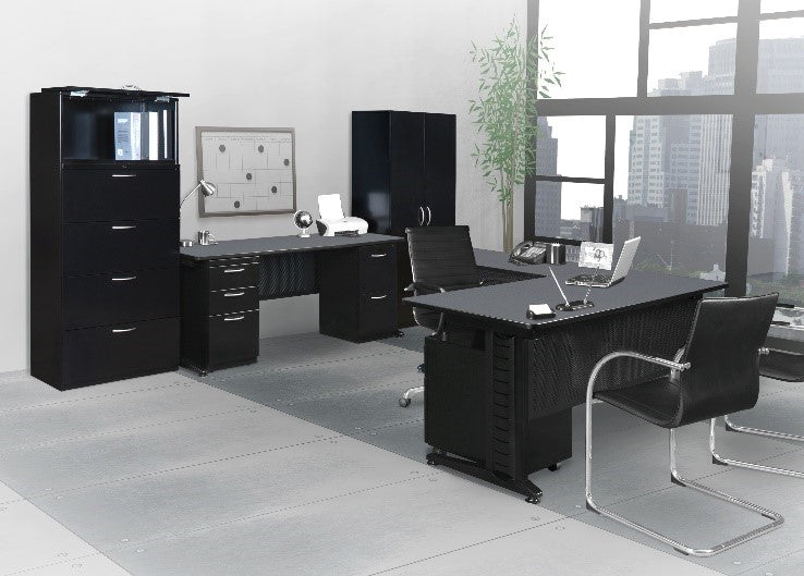 Office wrap around desk with two side chairs, storage cabinets