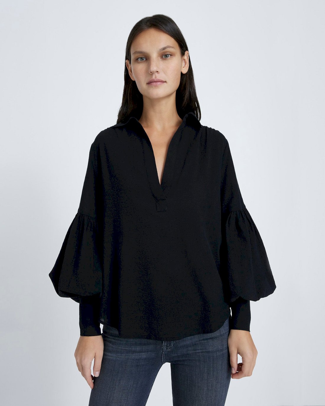 Balloon Sleeve Crepe Top In Jet Black | 7 For All Mankind