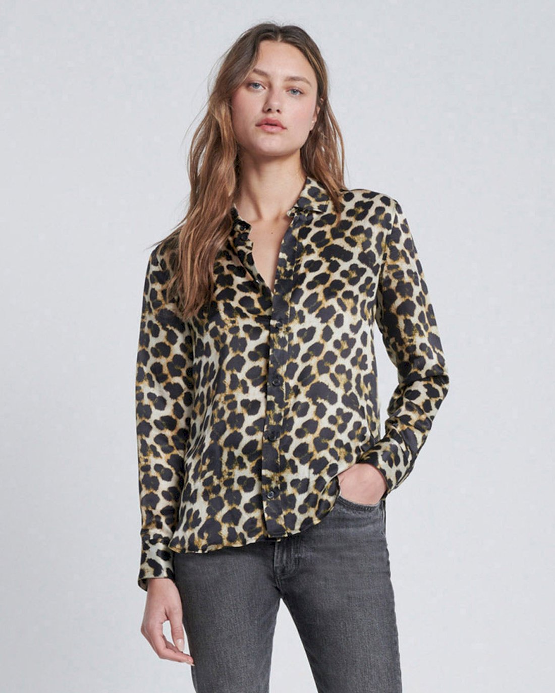 silk button-up shirt in leopard