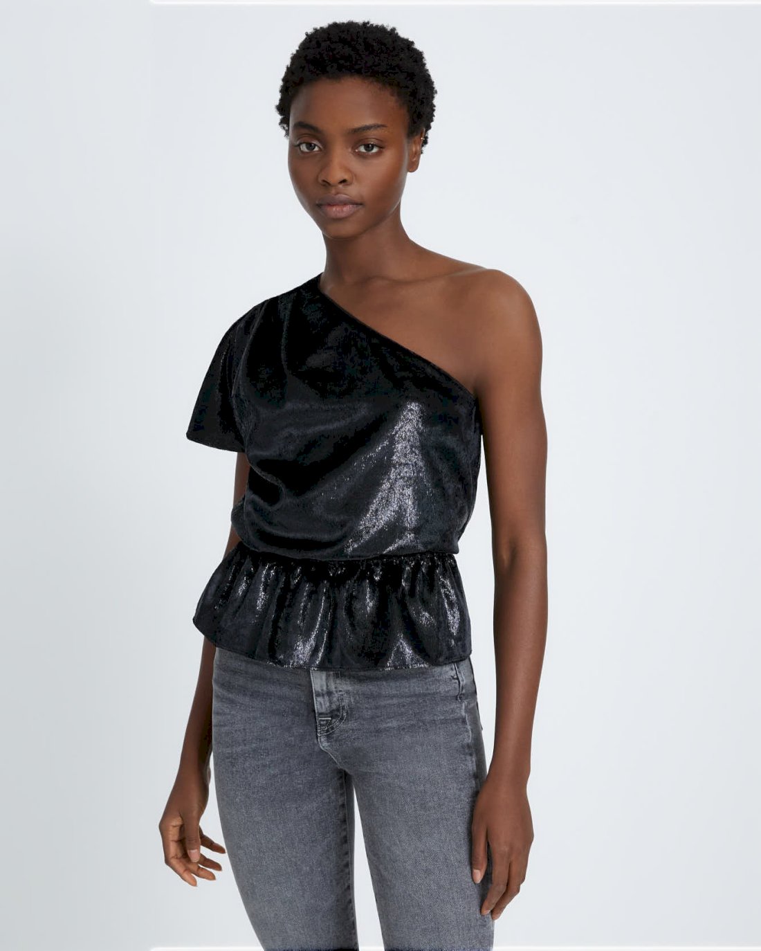 One Shoulder Ruffle Blouse in Black Shine