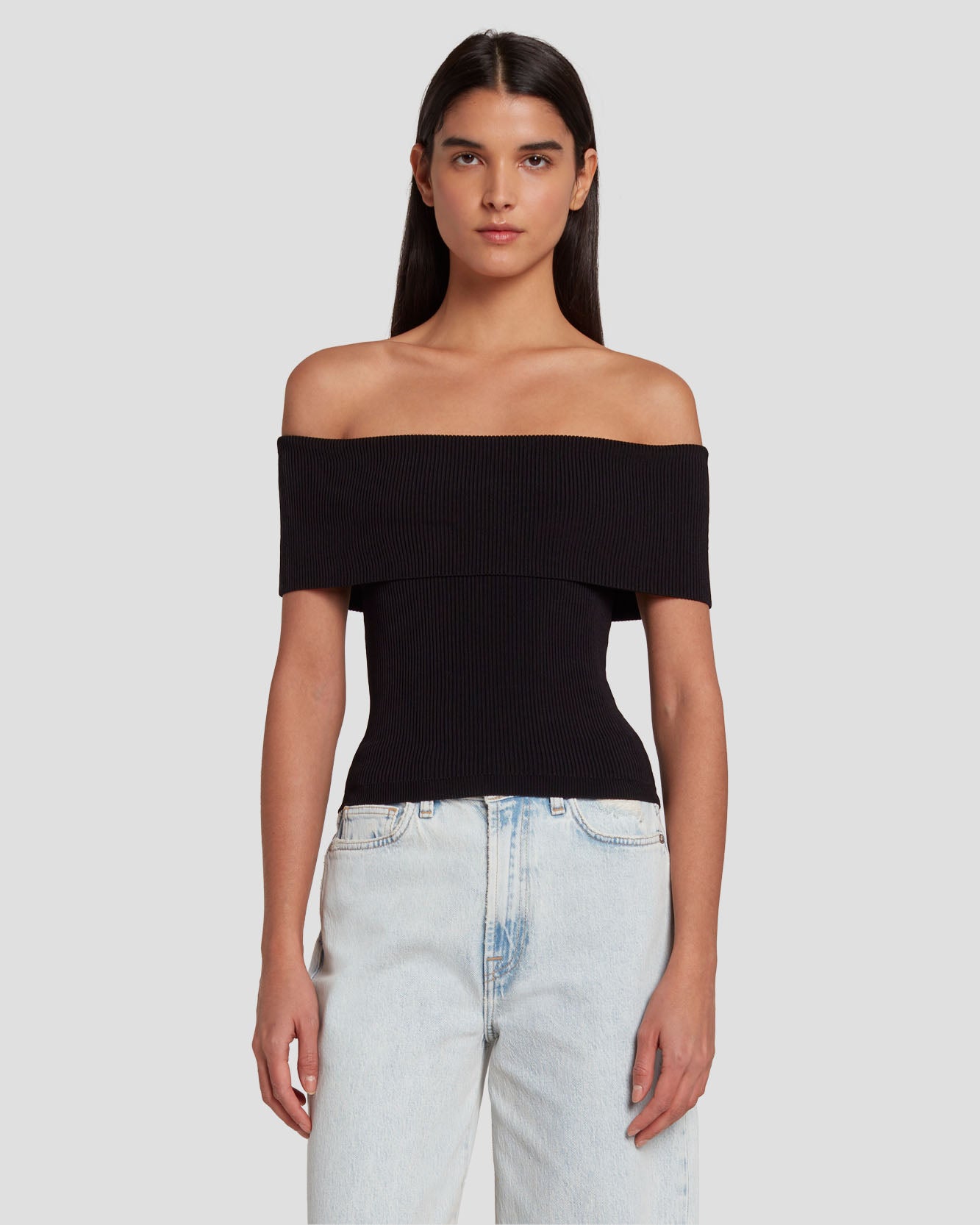 Off The Shoulder Ribbed Top in Black | 7 For All Mankind