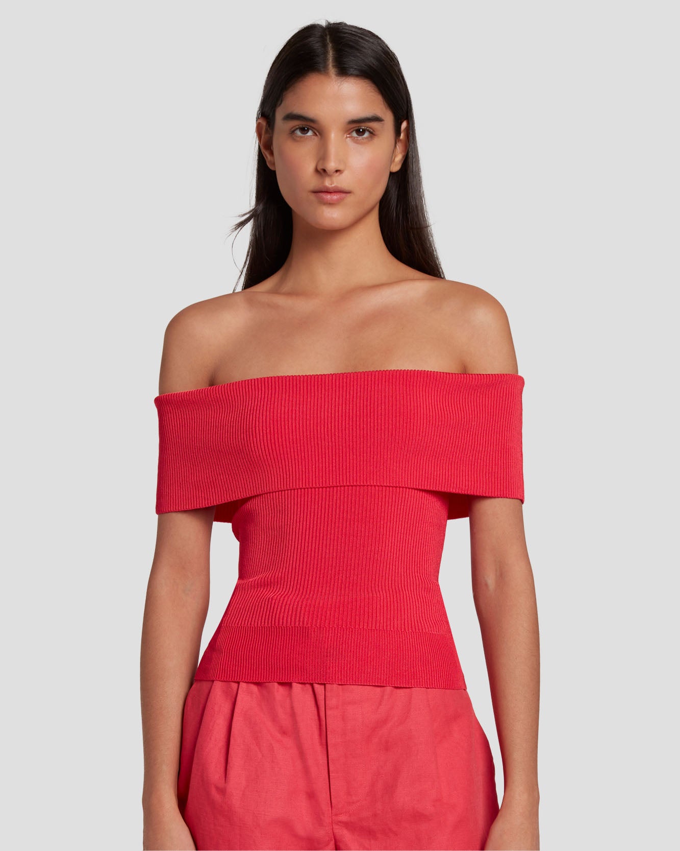 off the shoulder ribbed top in geranium