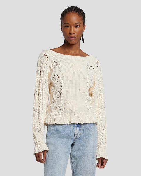 Puff Sleeve Pointelle Sweater in Antique White Star