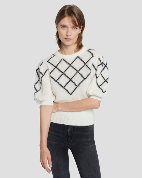 Puff Sleeve Pointelle Sweater in Antique White Star