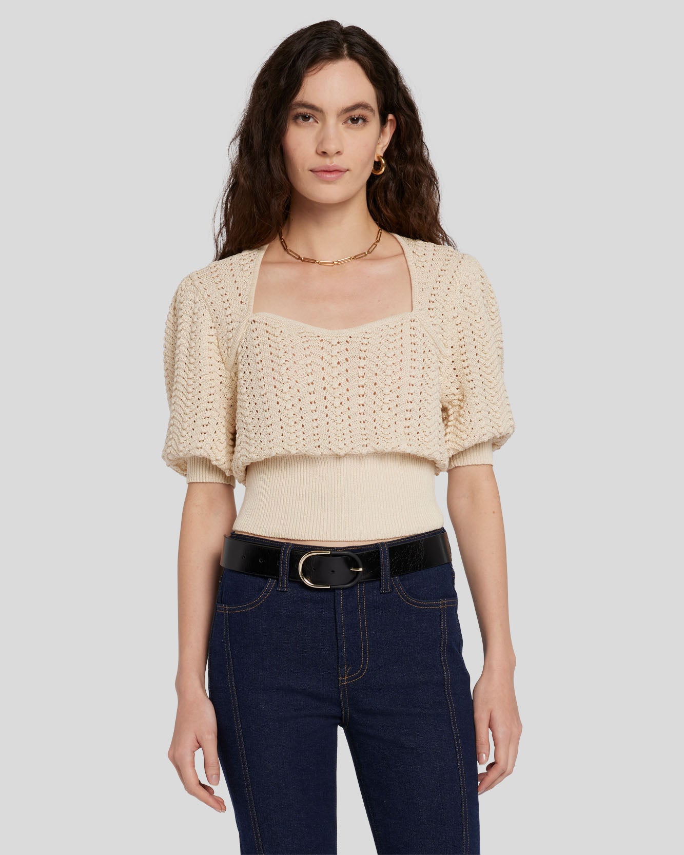 Sweetheart Pointelle Knit Sweater in Bone