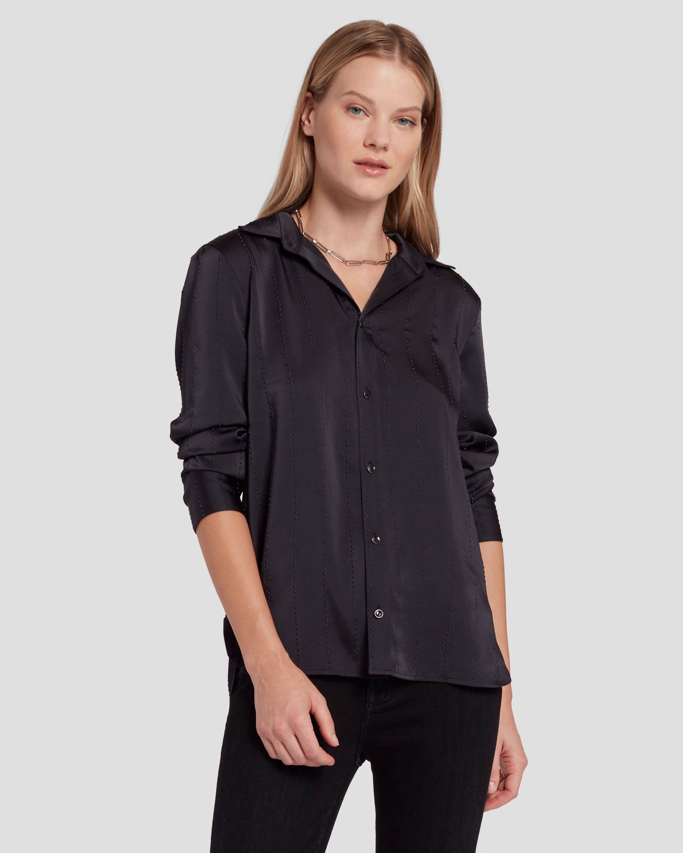 Embellished Satin Button-Up Shirt in Black | 7 For All Mankind