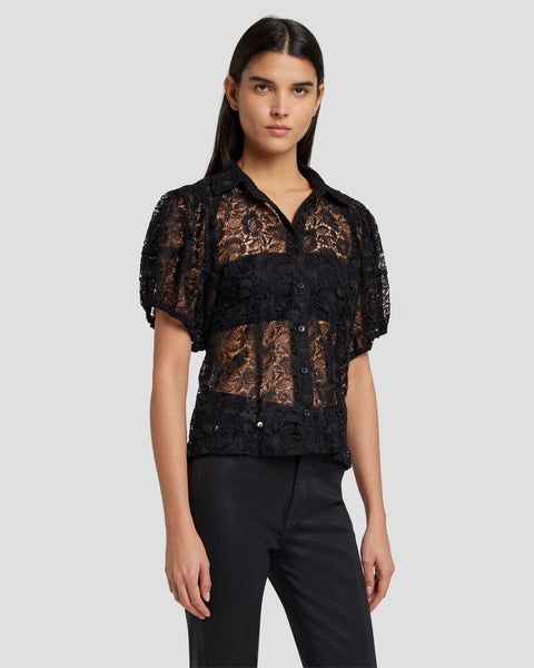 Puff Sleeve Lace Button-Up Tunic in Black | 7 For All Mankind