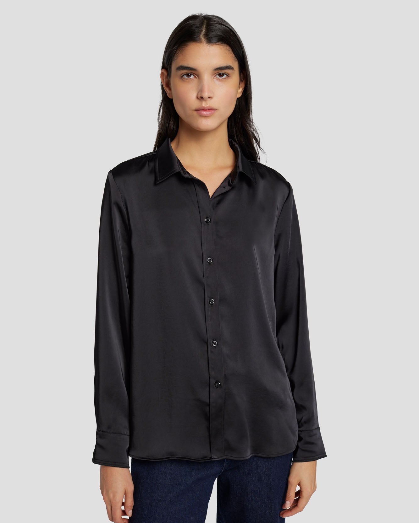 Satin Button Up Shirt in Black | 7 For All Mankind