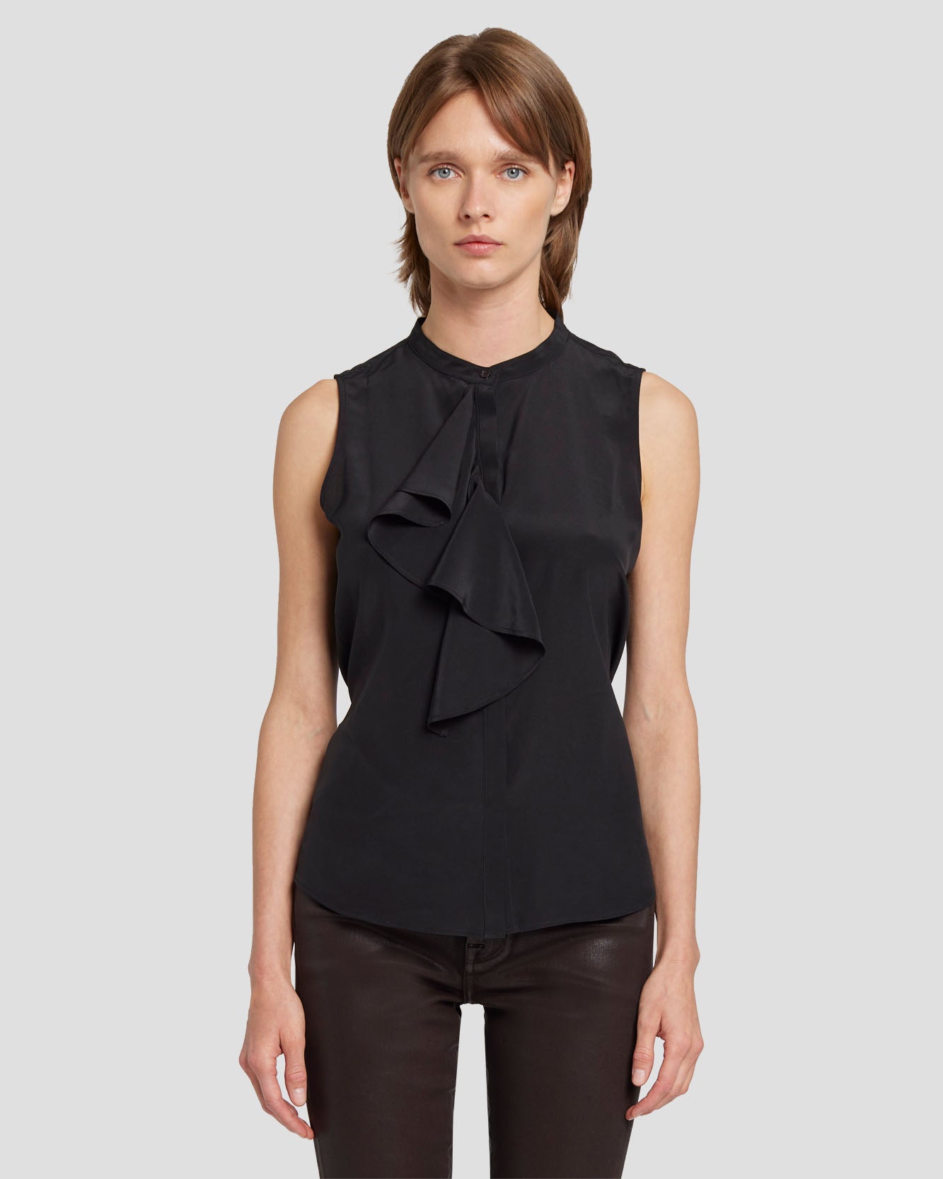 Silk Sleeveless Ruffle Blouse in Black | 7 For All Mankind