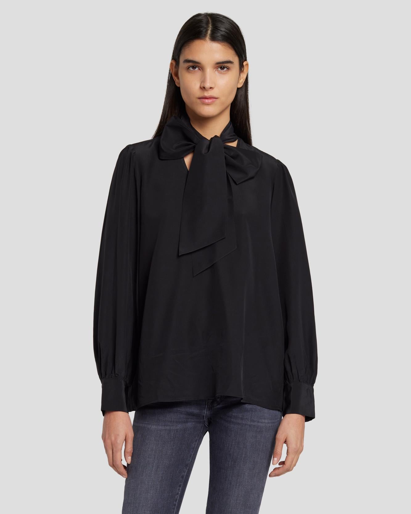 Silk Tie Neck Blouse in Black | 7 For All Mankind