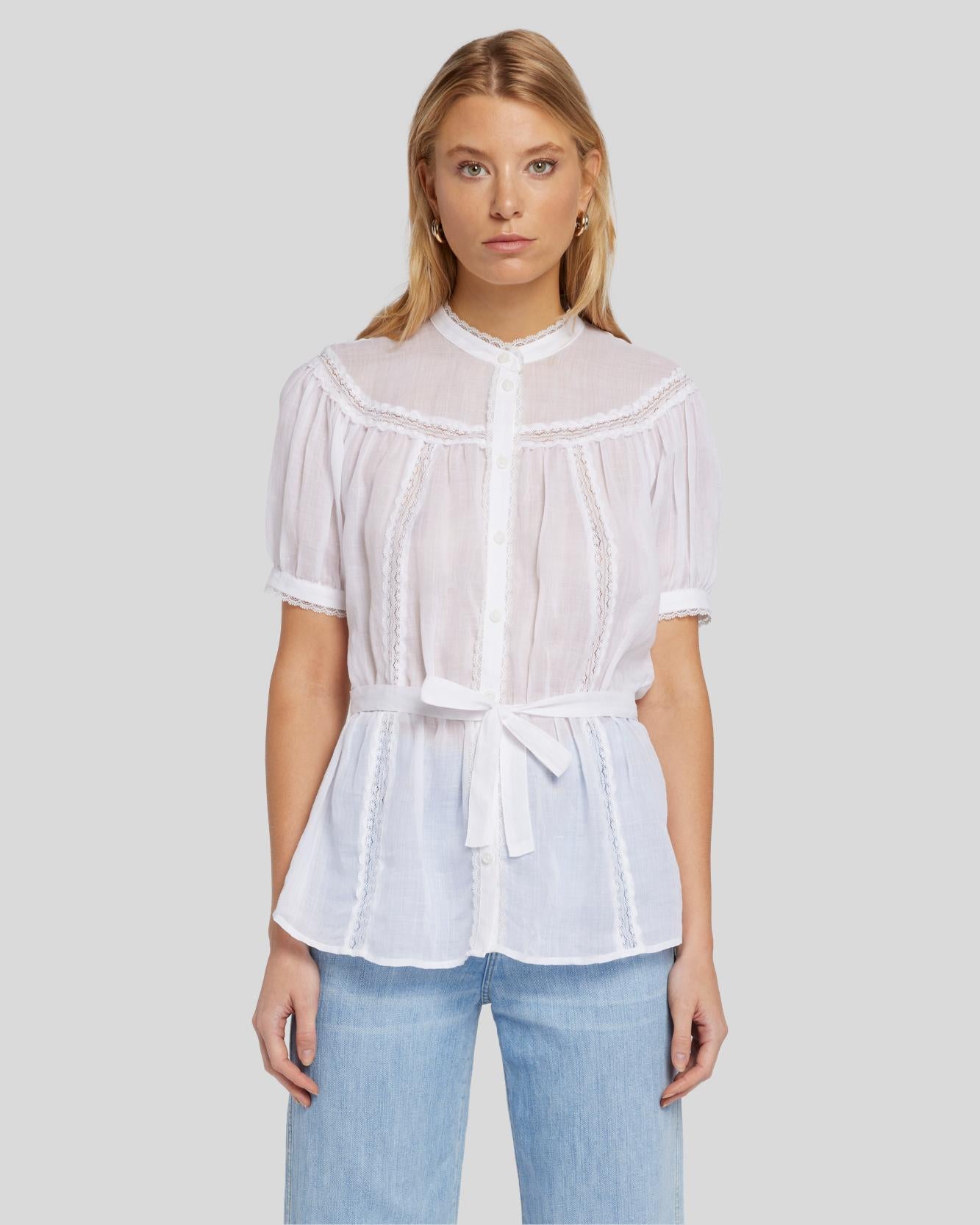 Lace Trim Prairie Blouse in White