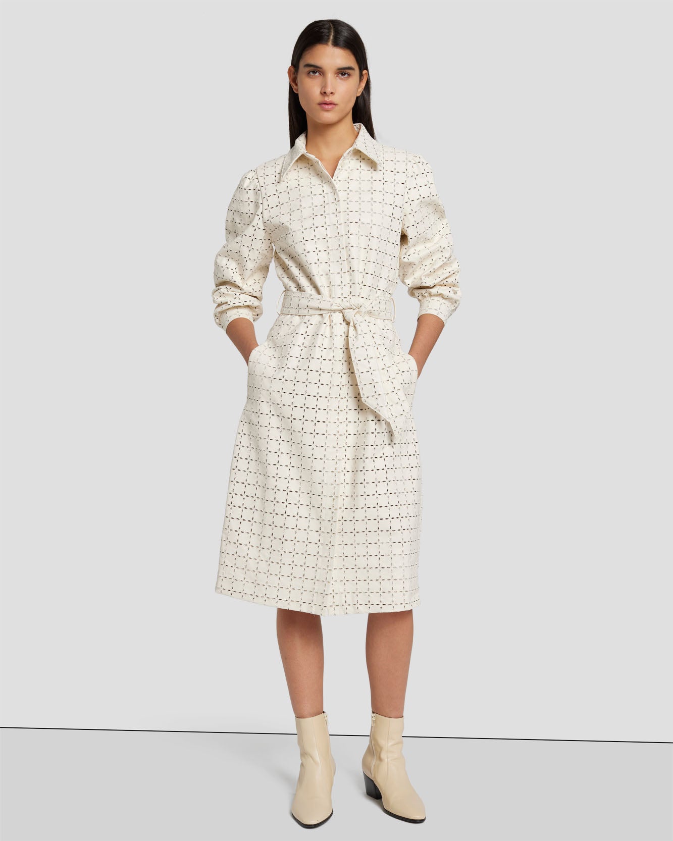 Faux Leather Belted Shirt Dress in Cream | 7 For All Mankind