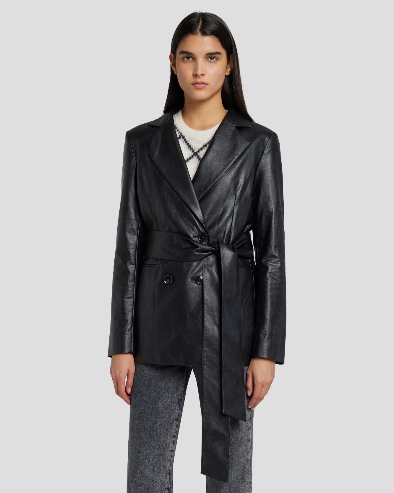 Faux Leather Wrap Blazer in Black | 7 For All Mankind