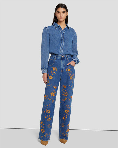 M-3XL Floral Embroidered Blue Jeans Casual Slim 8/10 Denim Pants