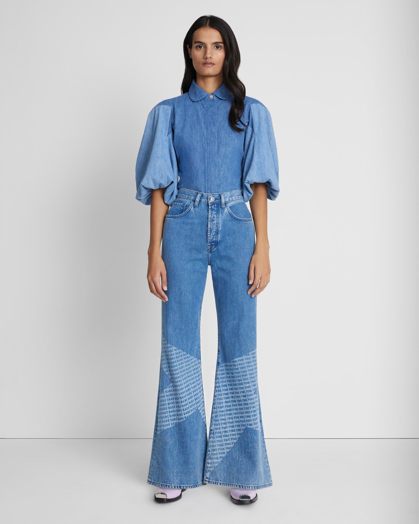 high waist flare jeans with platforms outfit, 7 for all mankind