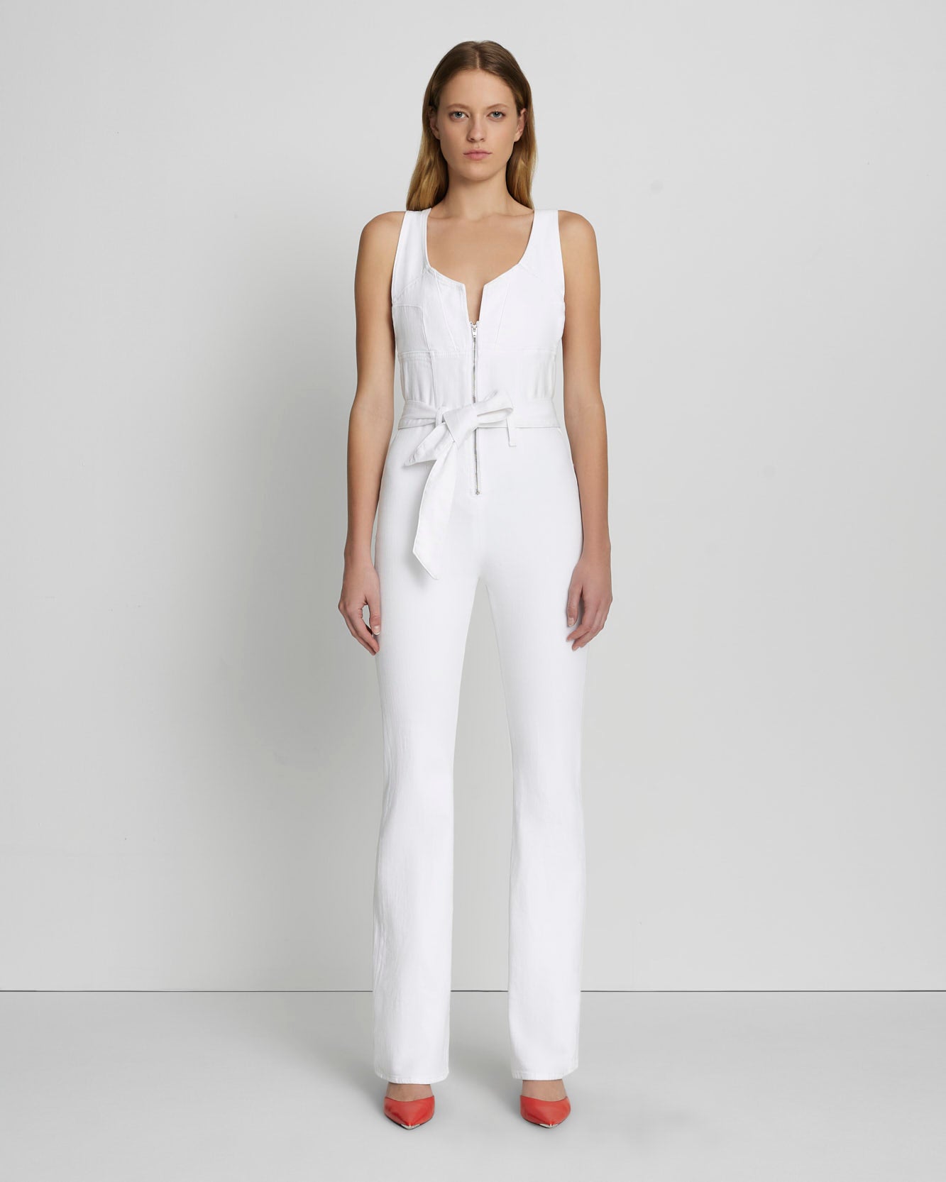 Light Wash Denim Jumpsuit - Flared Jumpsuit - Zip-Front Jumpsuit