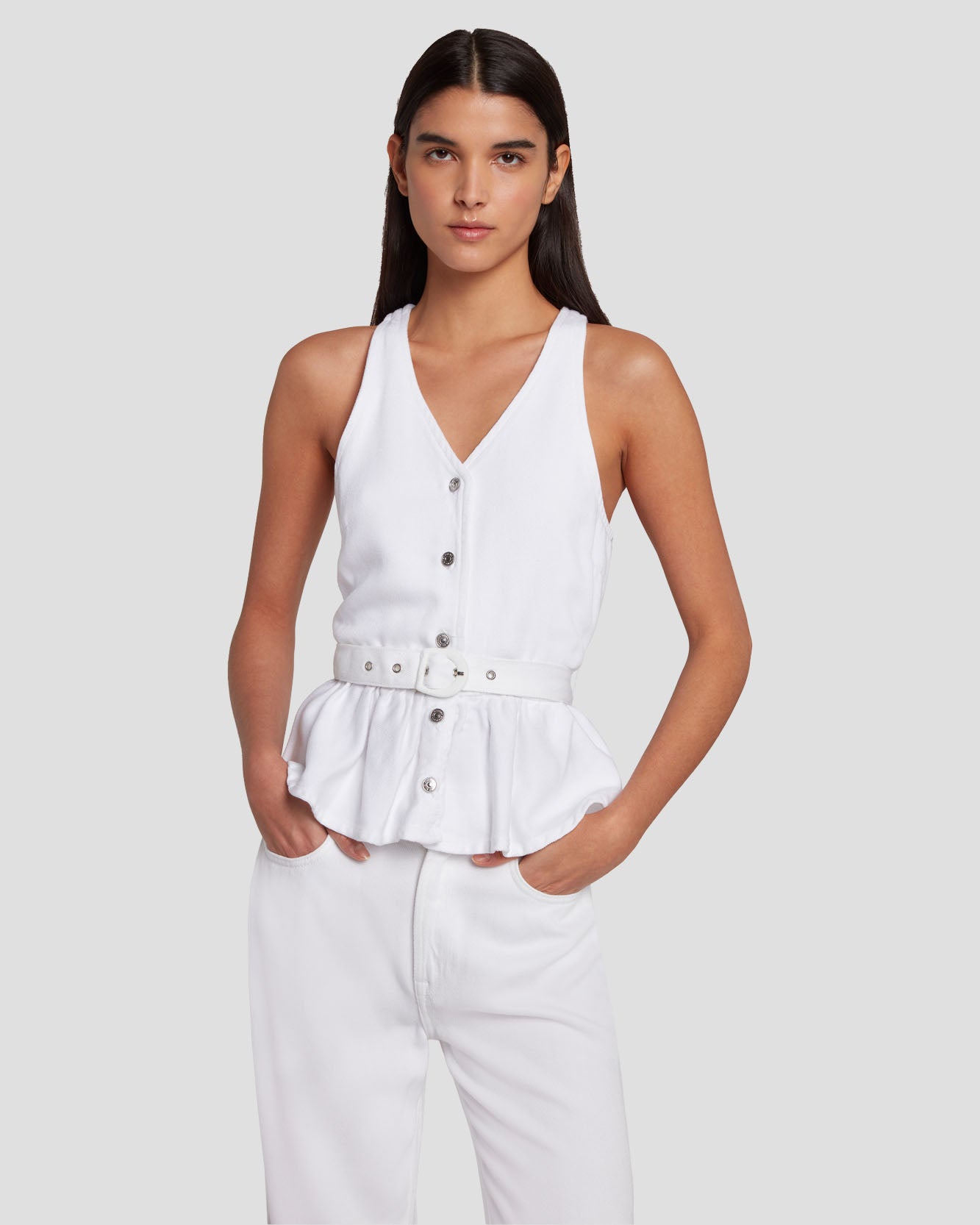 denim lustre tailored vest in brilliant white